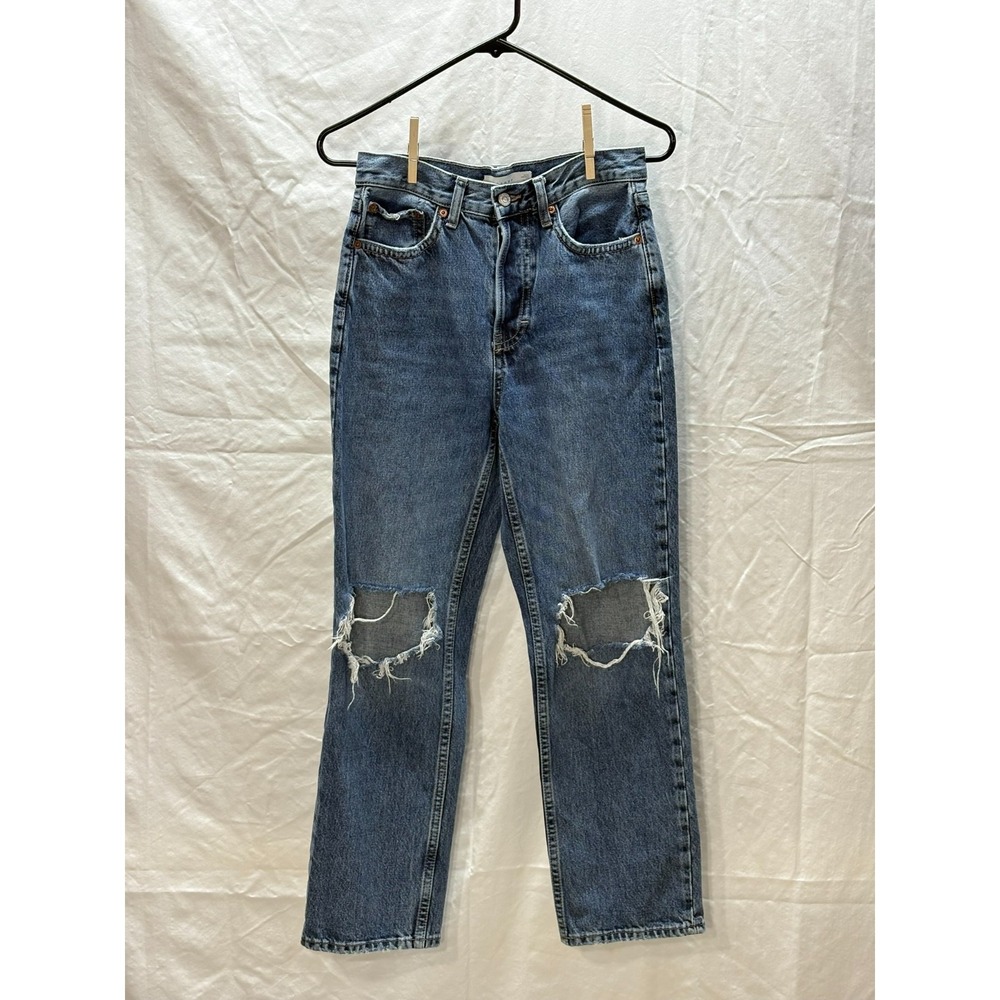 Topshop Dad Jeans Petite W26 Distressed Ripped Knee Straight Leg 90s Y2K Denim